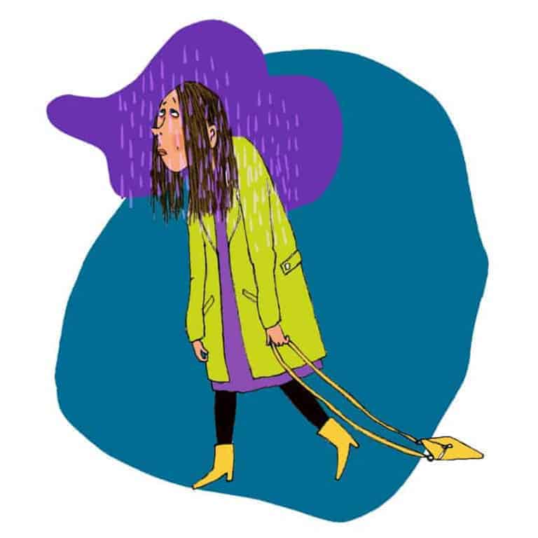 Masentunut nainen kulkee sadepilvi pään päällä