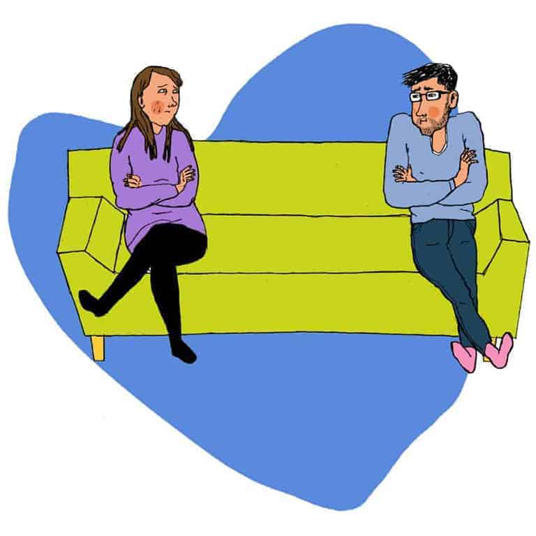 Pariskunta istuu sohvalla eri päädyissä kädet puuskassa.